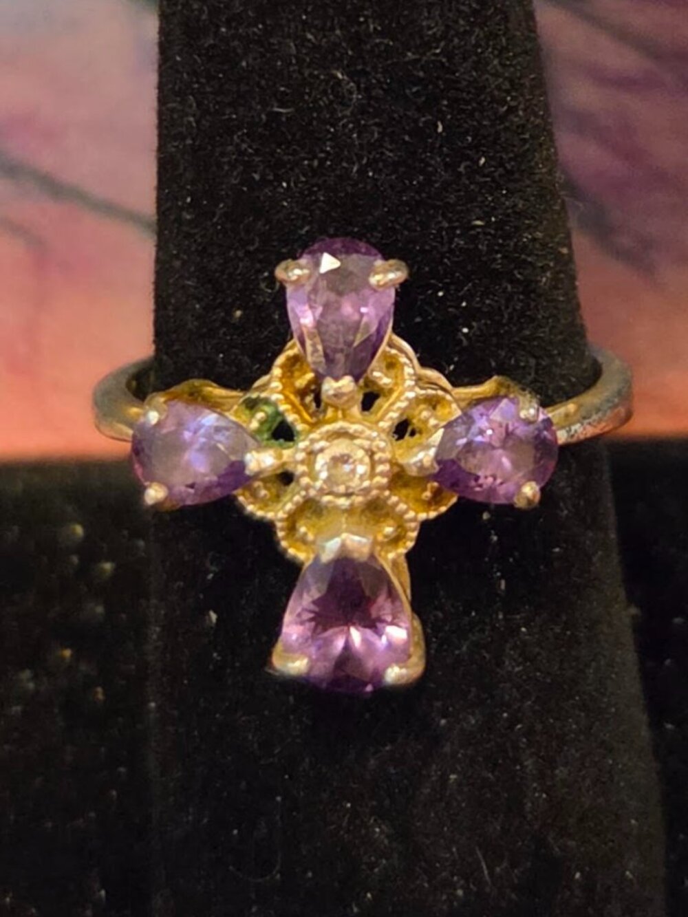 Antique 925 Amethyst & CZ Cross Ring Inscribed w/ Verse~~STUNNING!